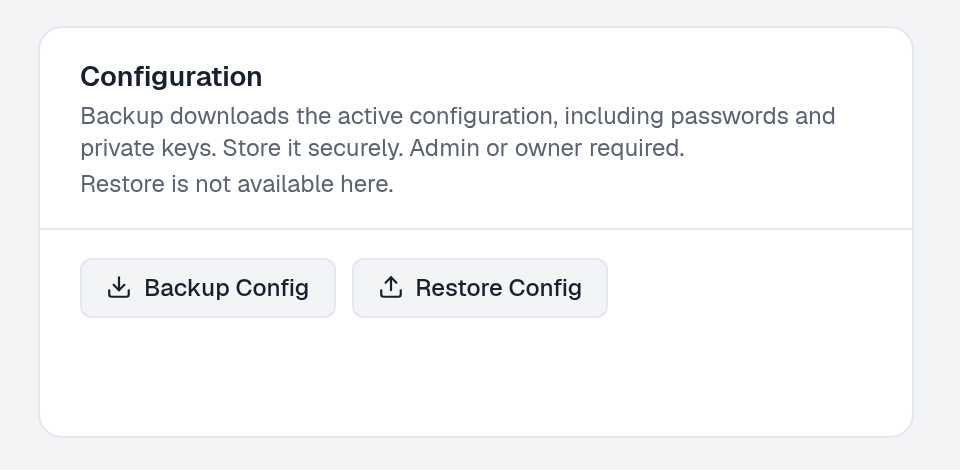 Configuration card with the secret warning and Backup Config download link