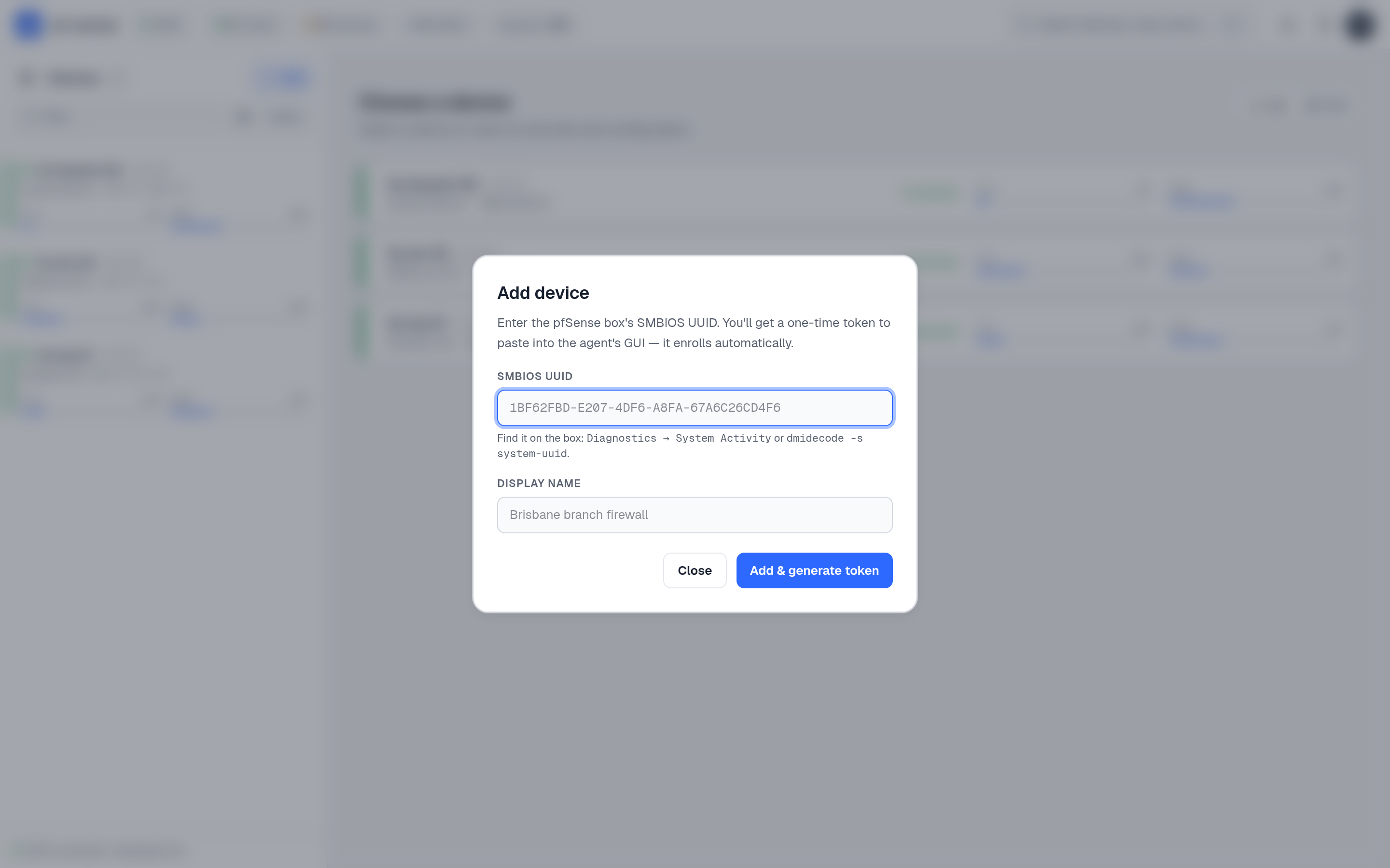 Add device dialog with SMBIOS UUID and display name fields
