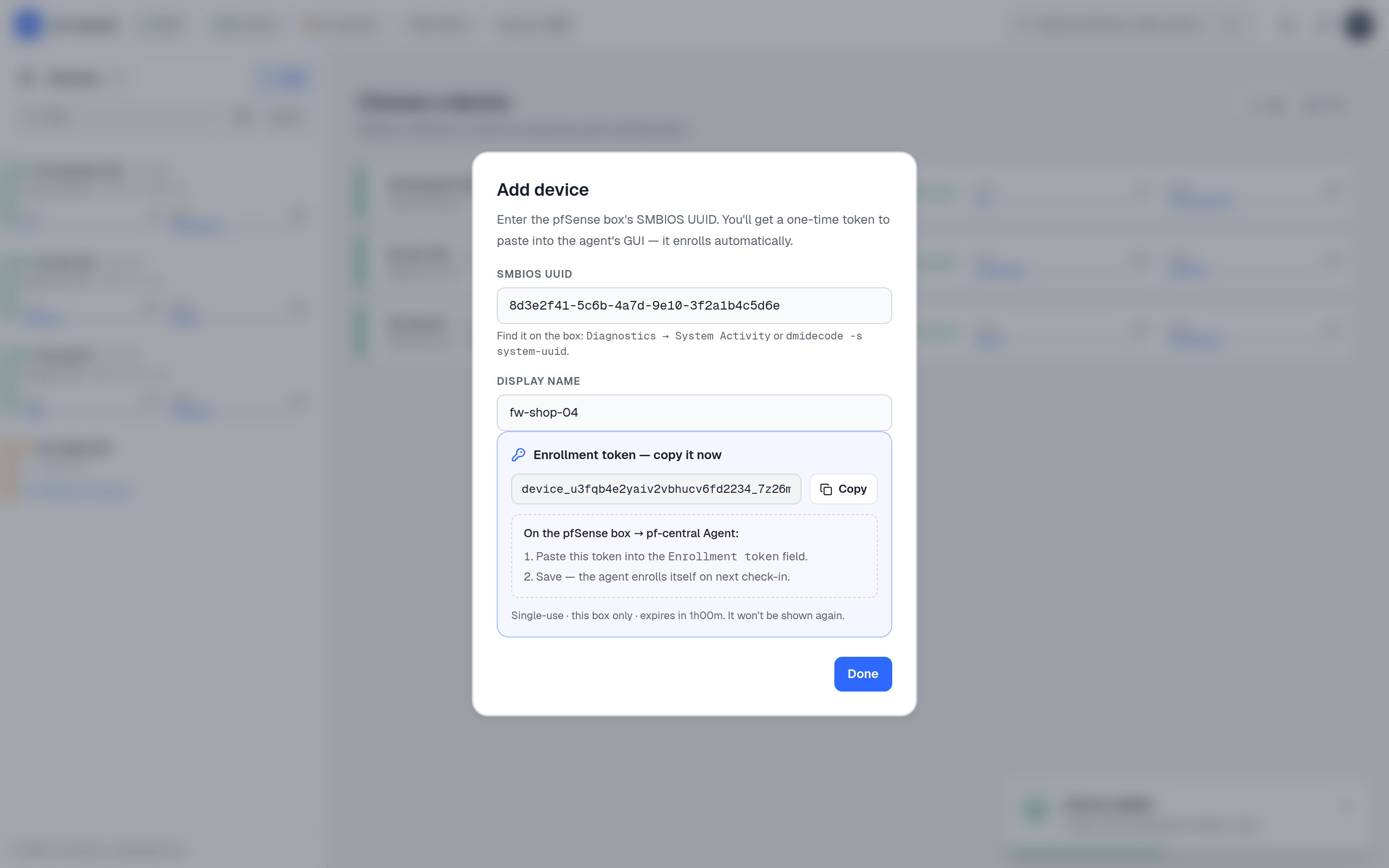 Add device dialog showing a one-time enrollment token with a Copy button