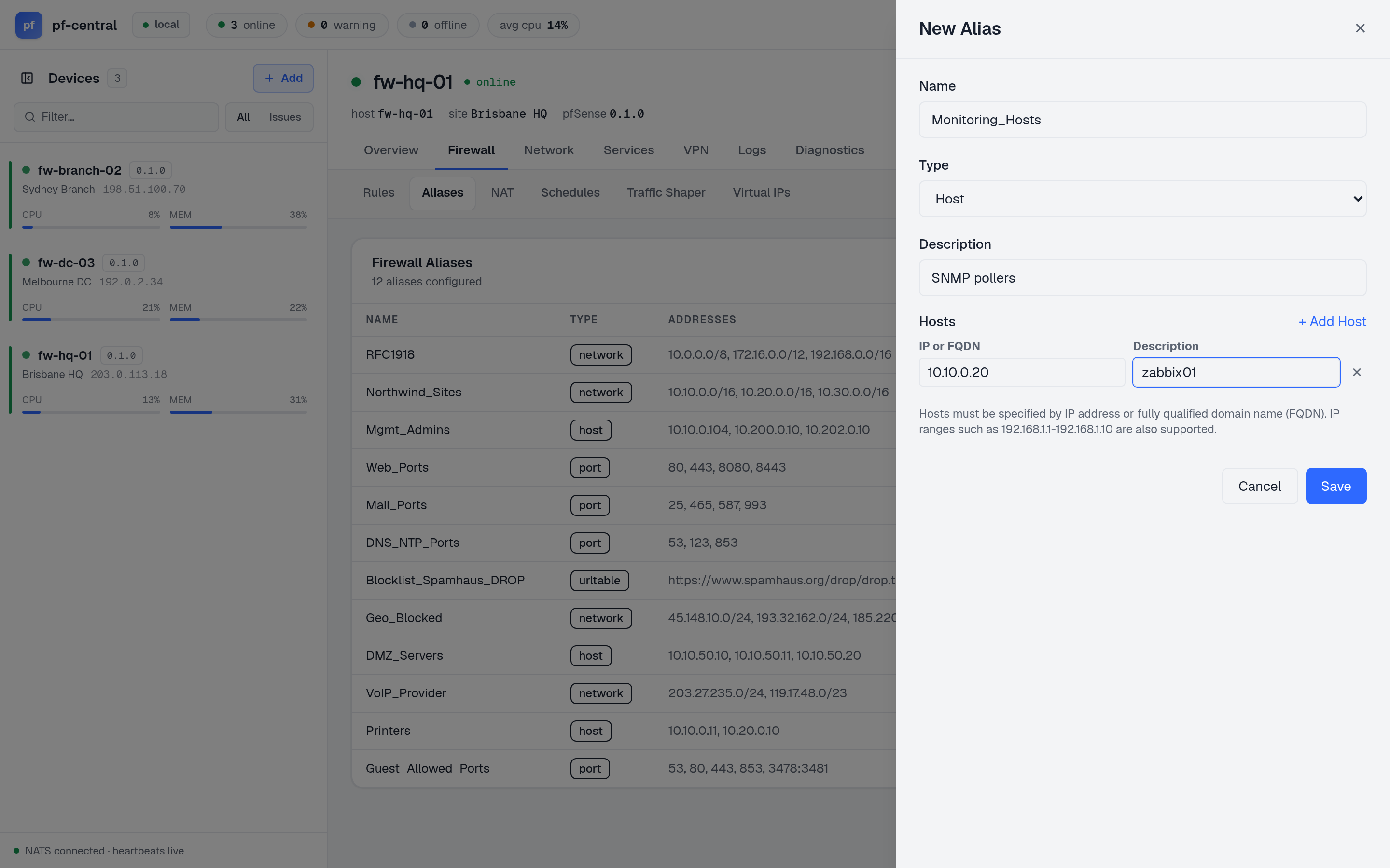 New Alias form filled with Monitoring_Hosts, type Host, address 10.10.0.20