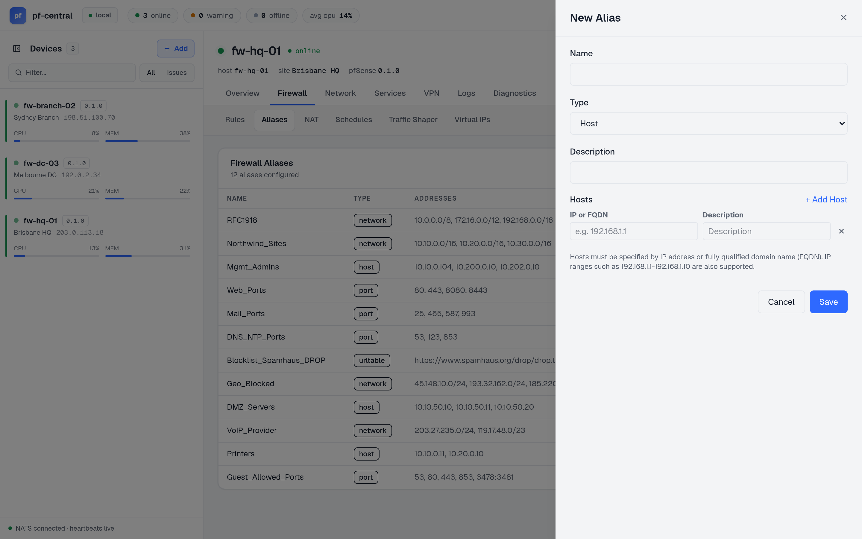 New Alias side panel with Name, Type, Description and Hosts fields