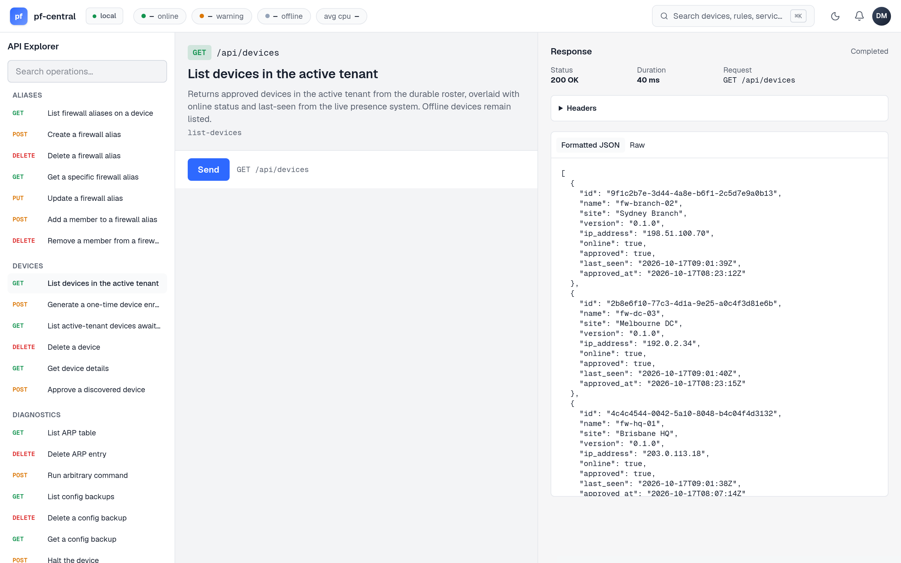 API explorer with the List devices operation and a formatted JSON response