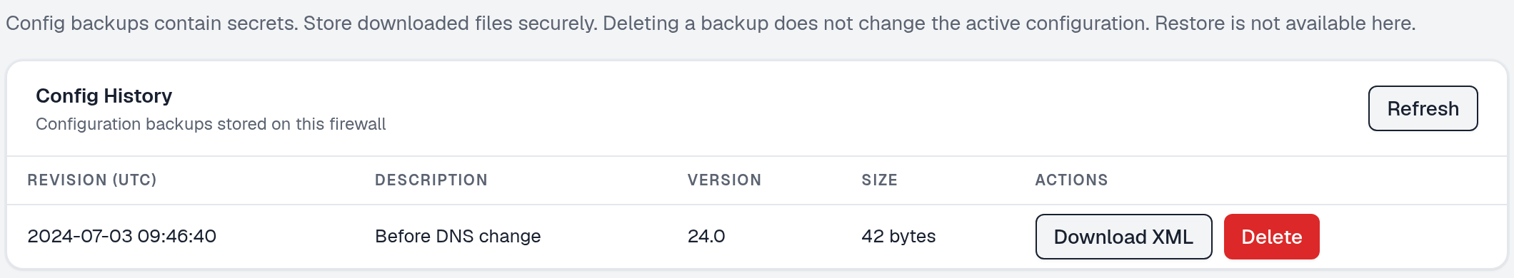 Config History table with revision timestamp, description, version, size, Download XML and Delete controls