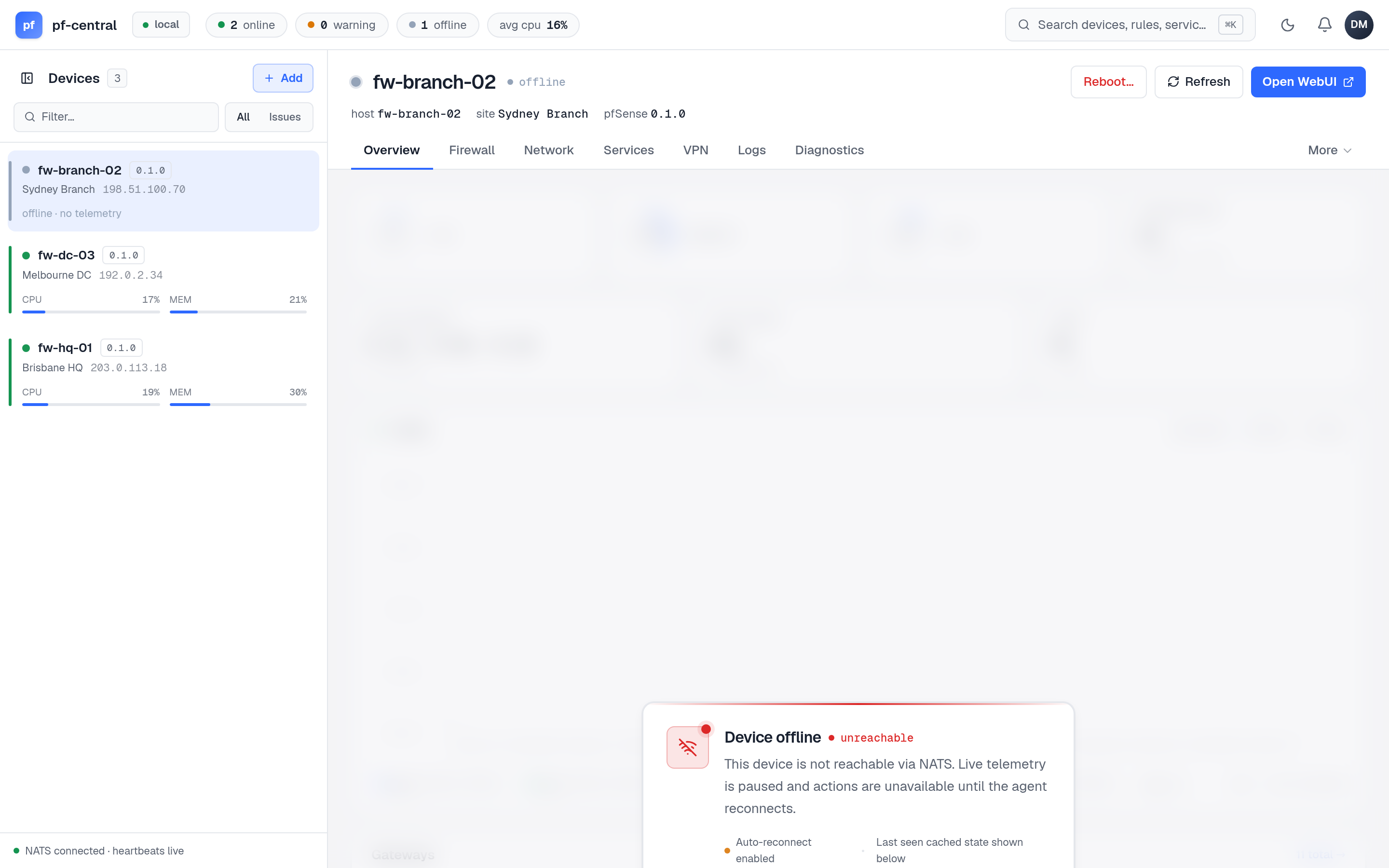 Device page for an offline firewall with a Device offline banner