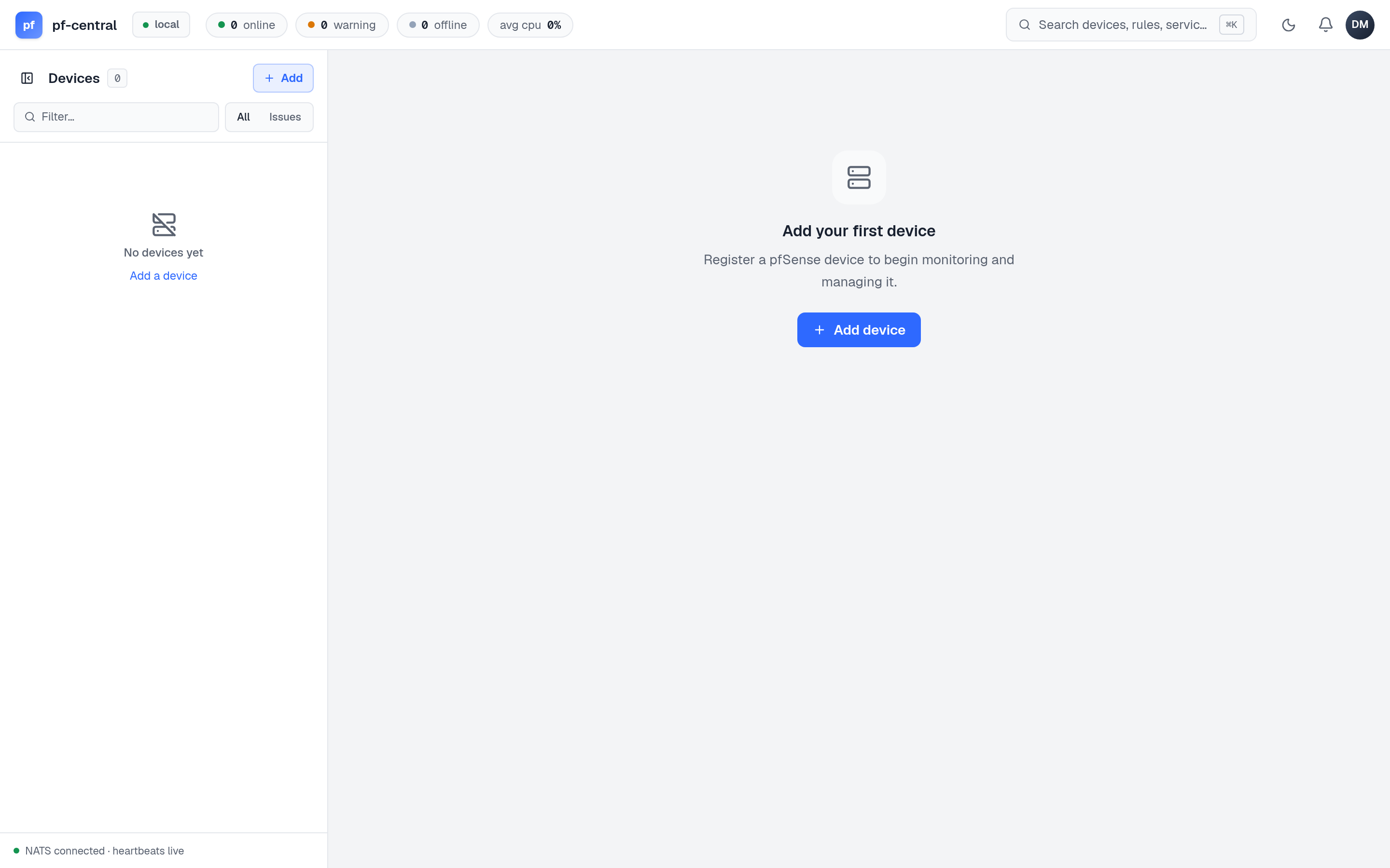Empty fleet page inviting you to add the first device