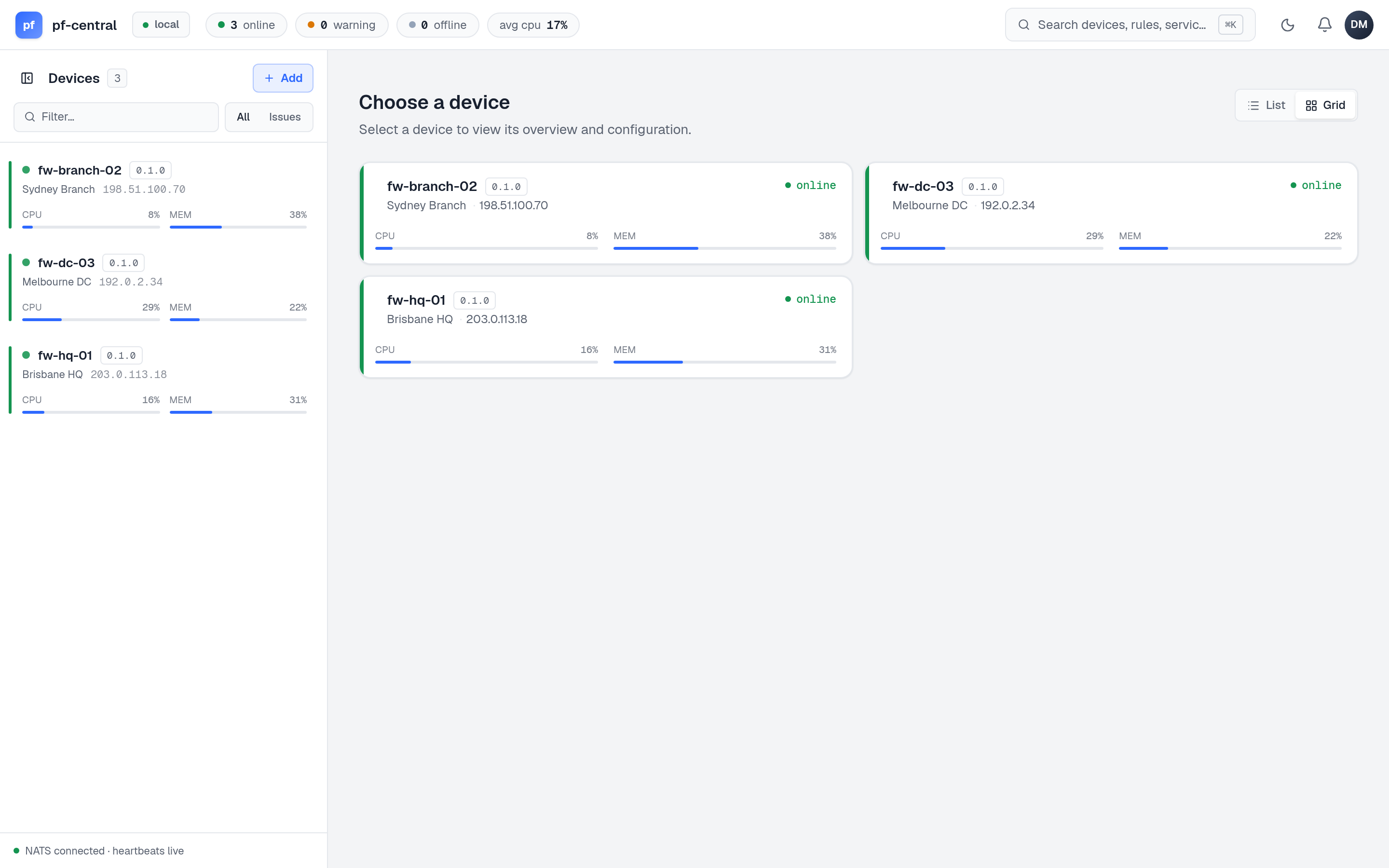 Fleet page in grid view with one card per firewall