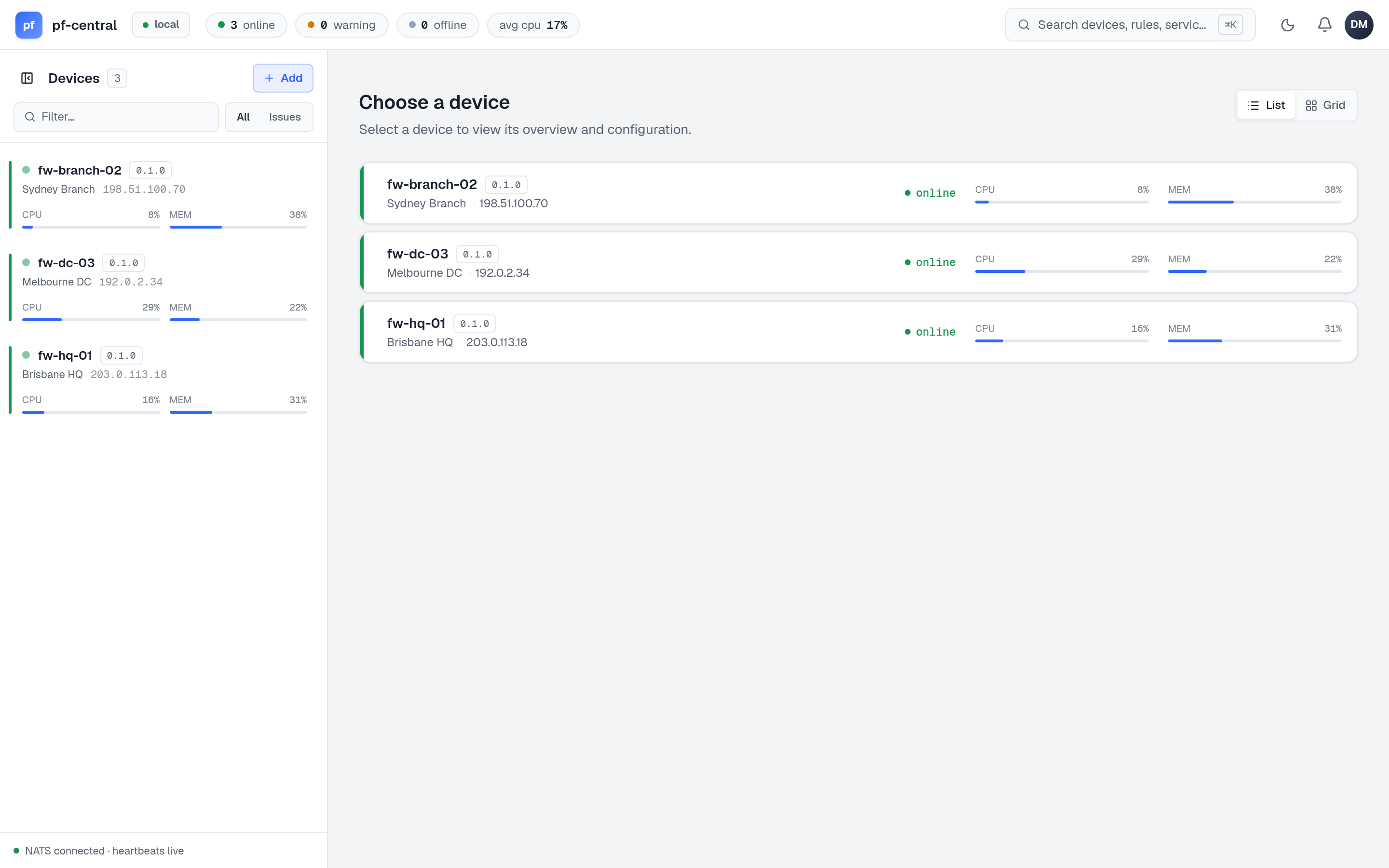 Fleet page in list view with three online firewalls, their sites, IPs, CPU and memory