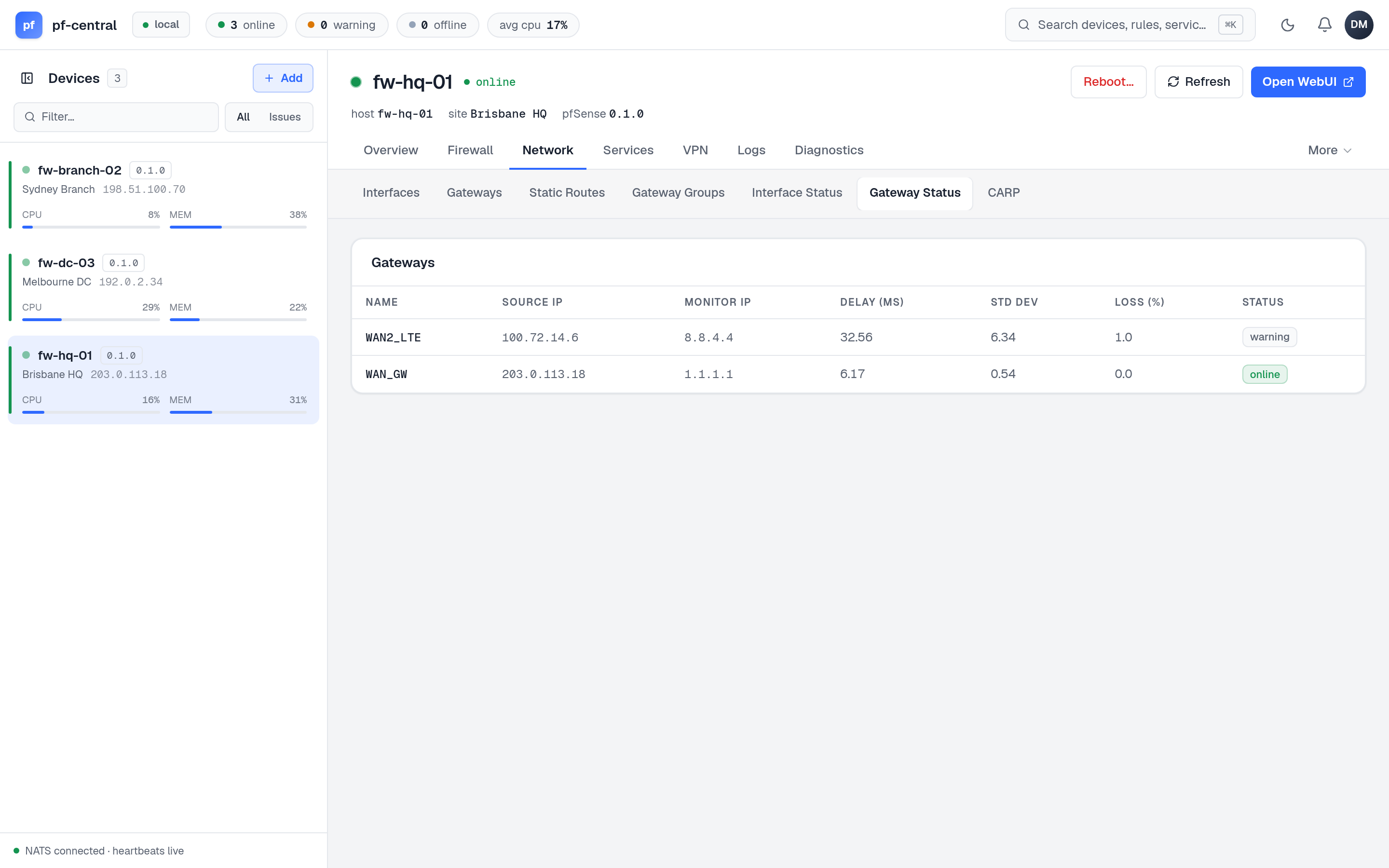 Gateway status with delay, standard deviation and loss for each gateway