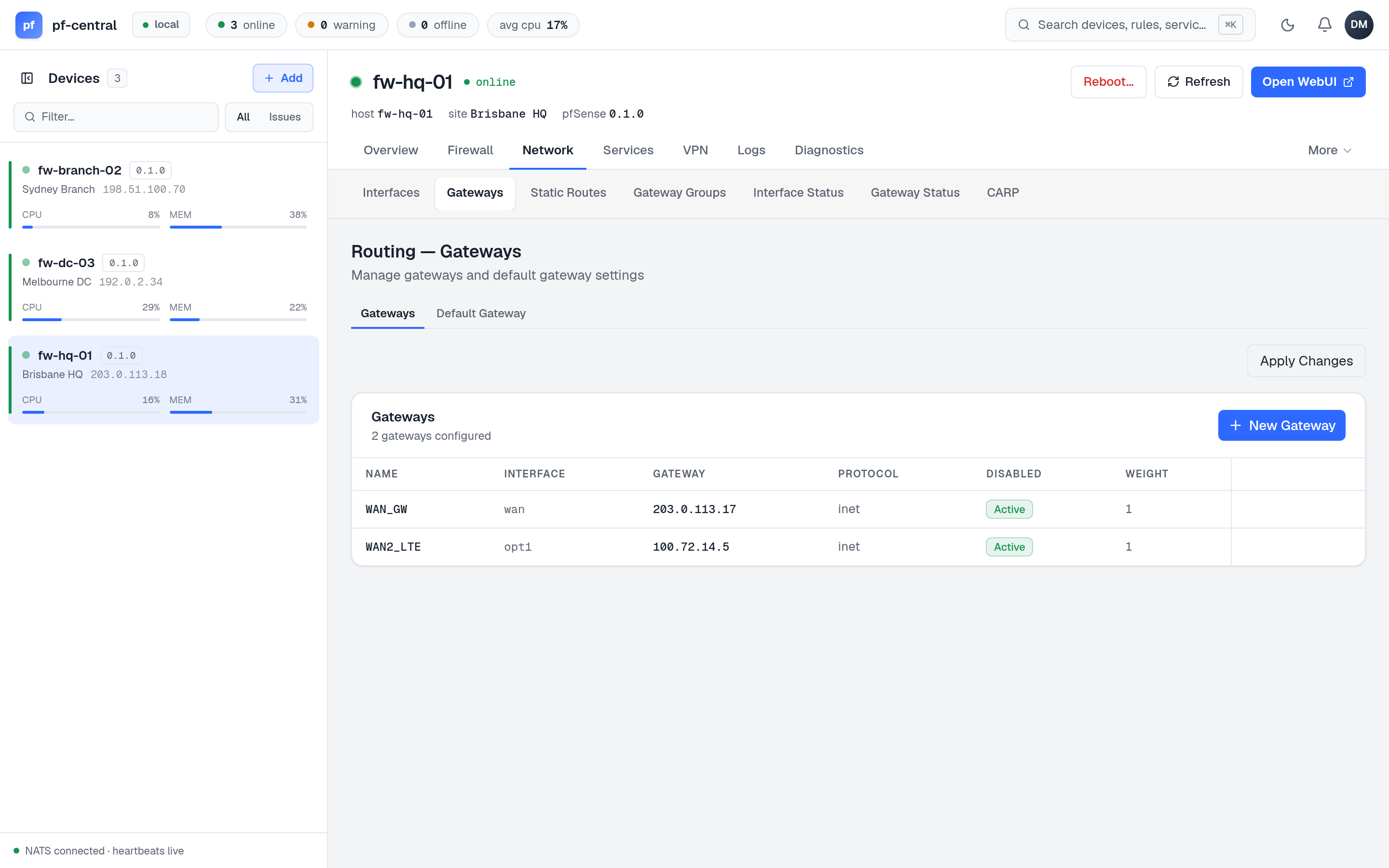 Gateways list with interface, address, monitor IP and weight