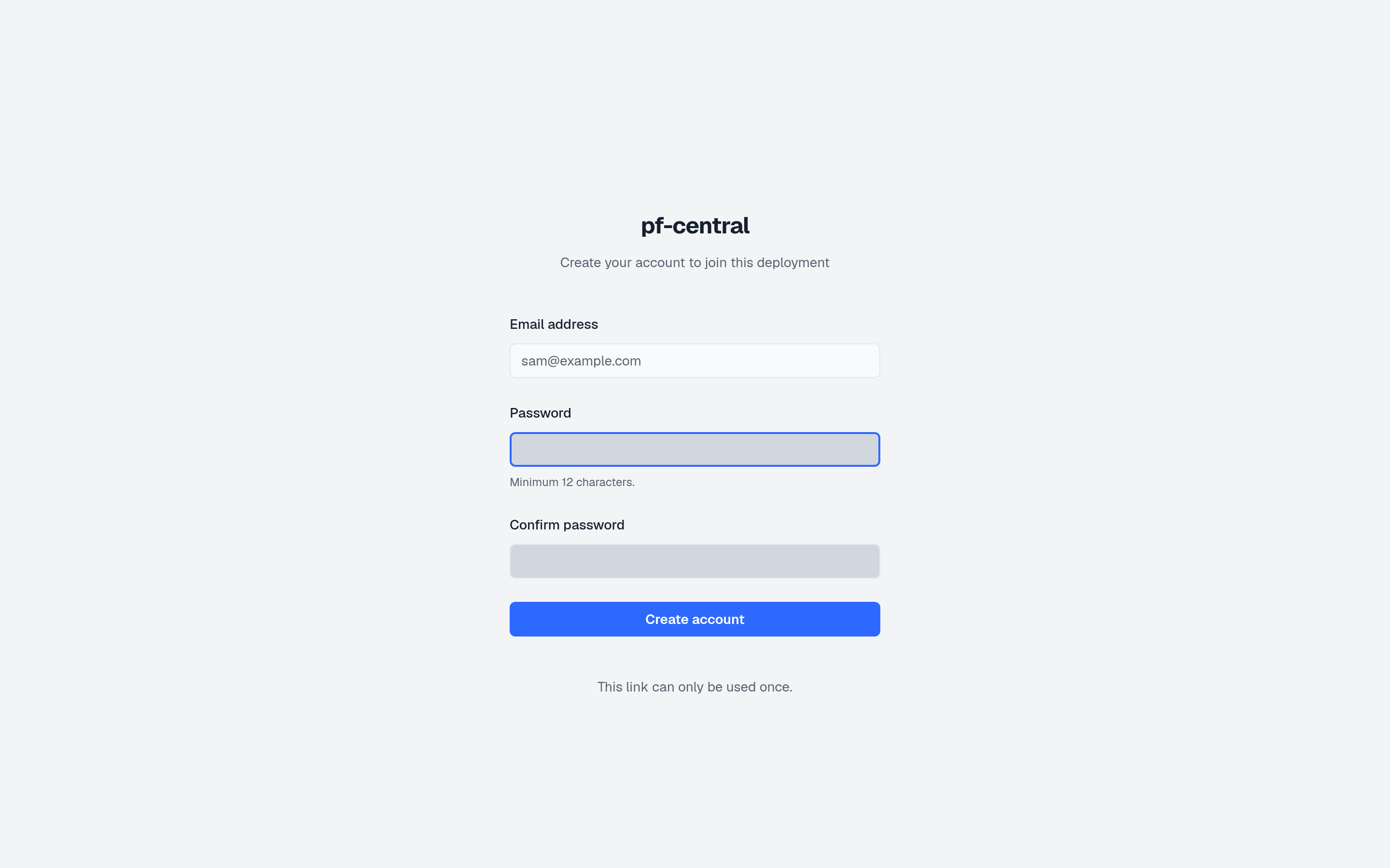 Invite acceptance page with the email shown read-only and password fields