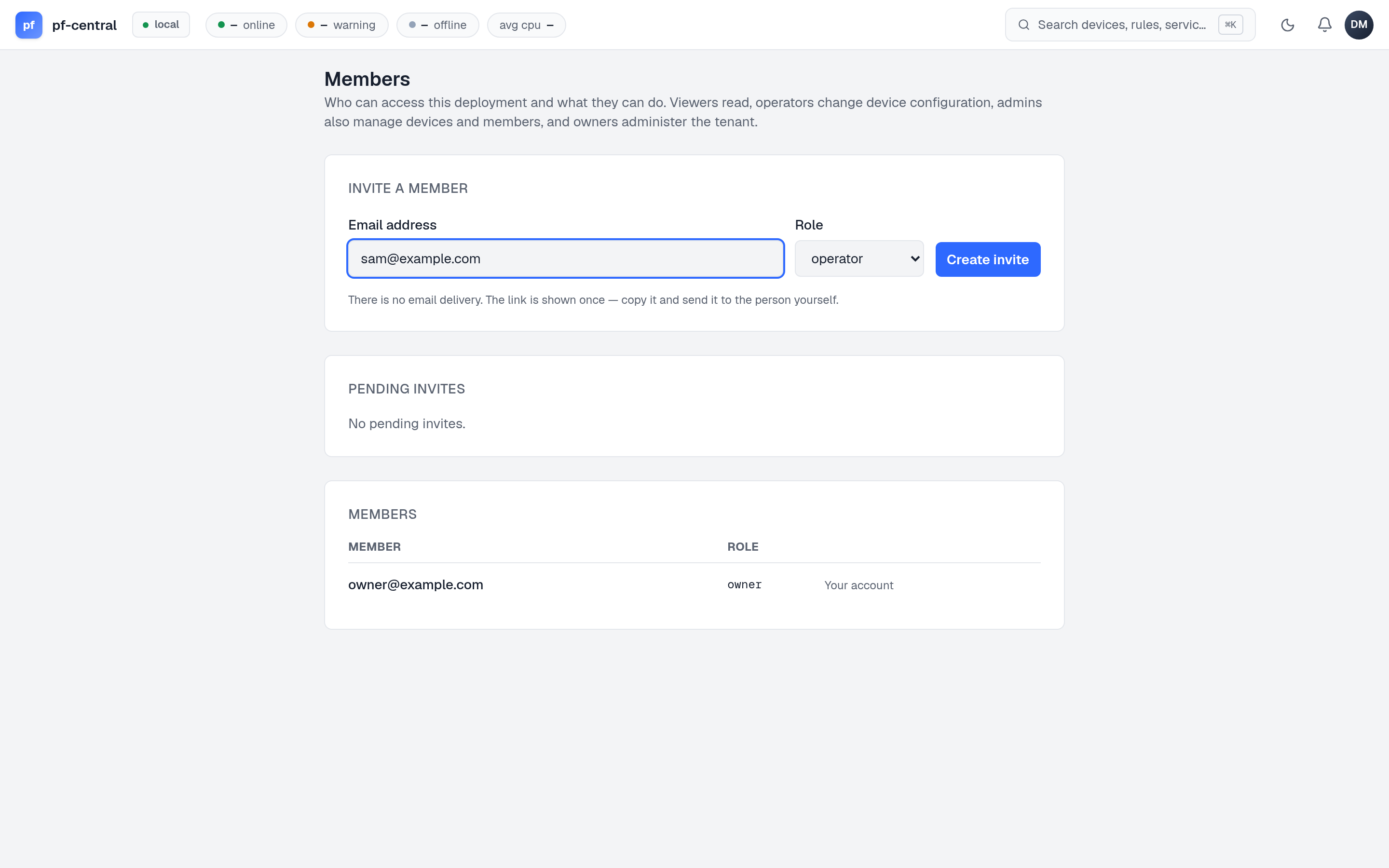 Invite form with an email address and the operator role selected
