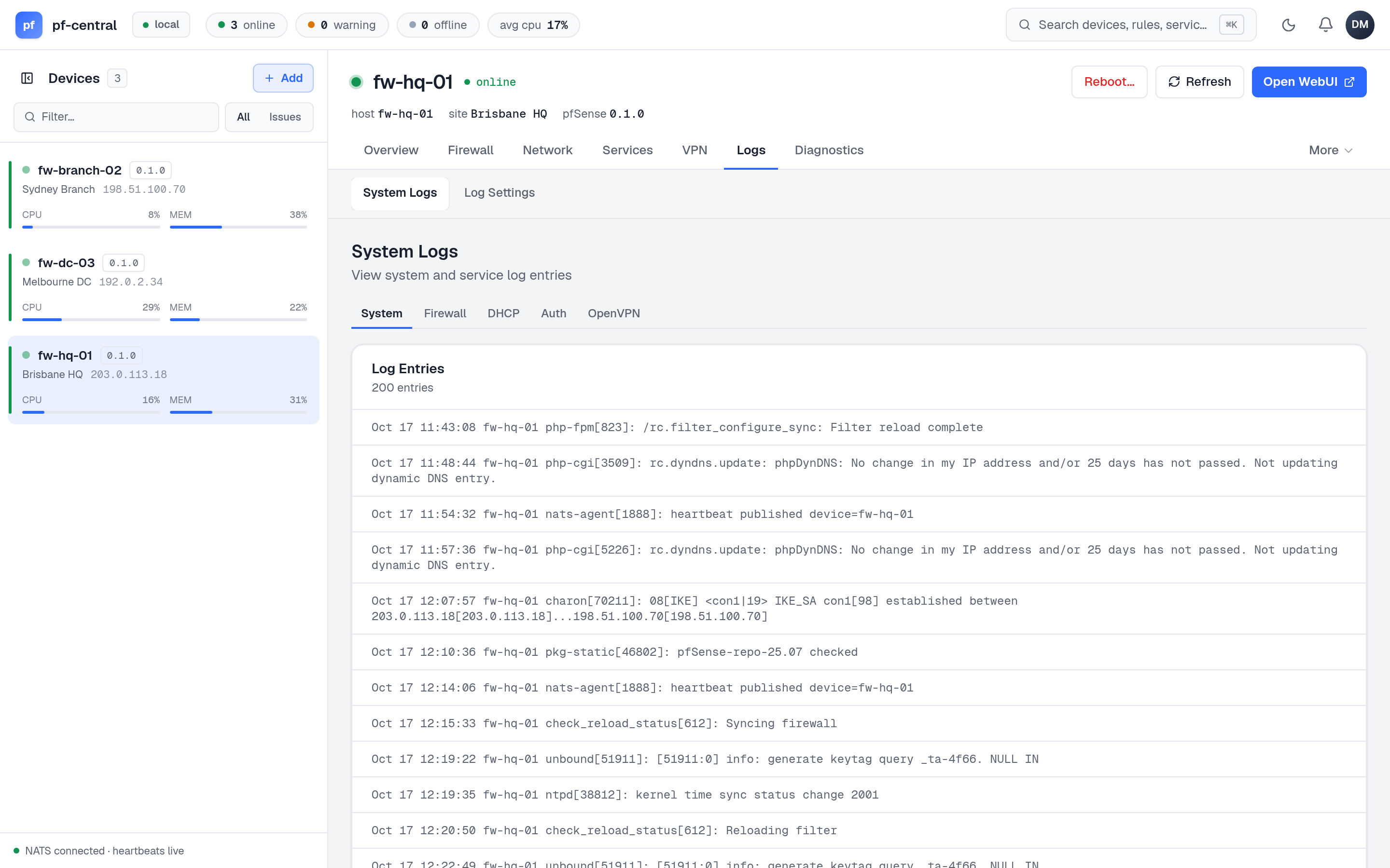 System logs with tabs for system, firewall, DHCP, auth and OpenVPN logs