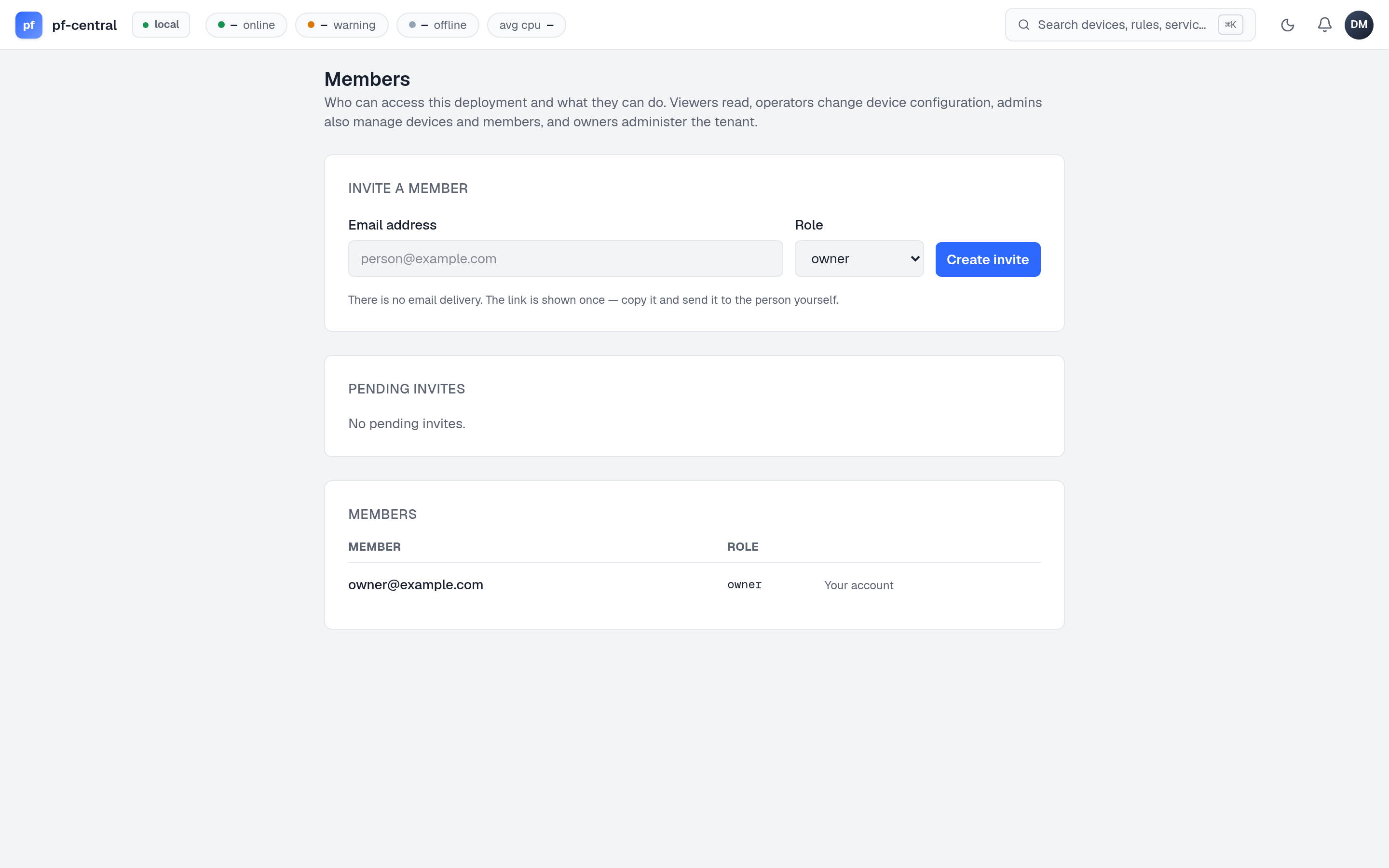 Members page with invite form, pending invites and member list