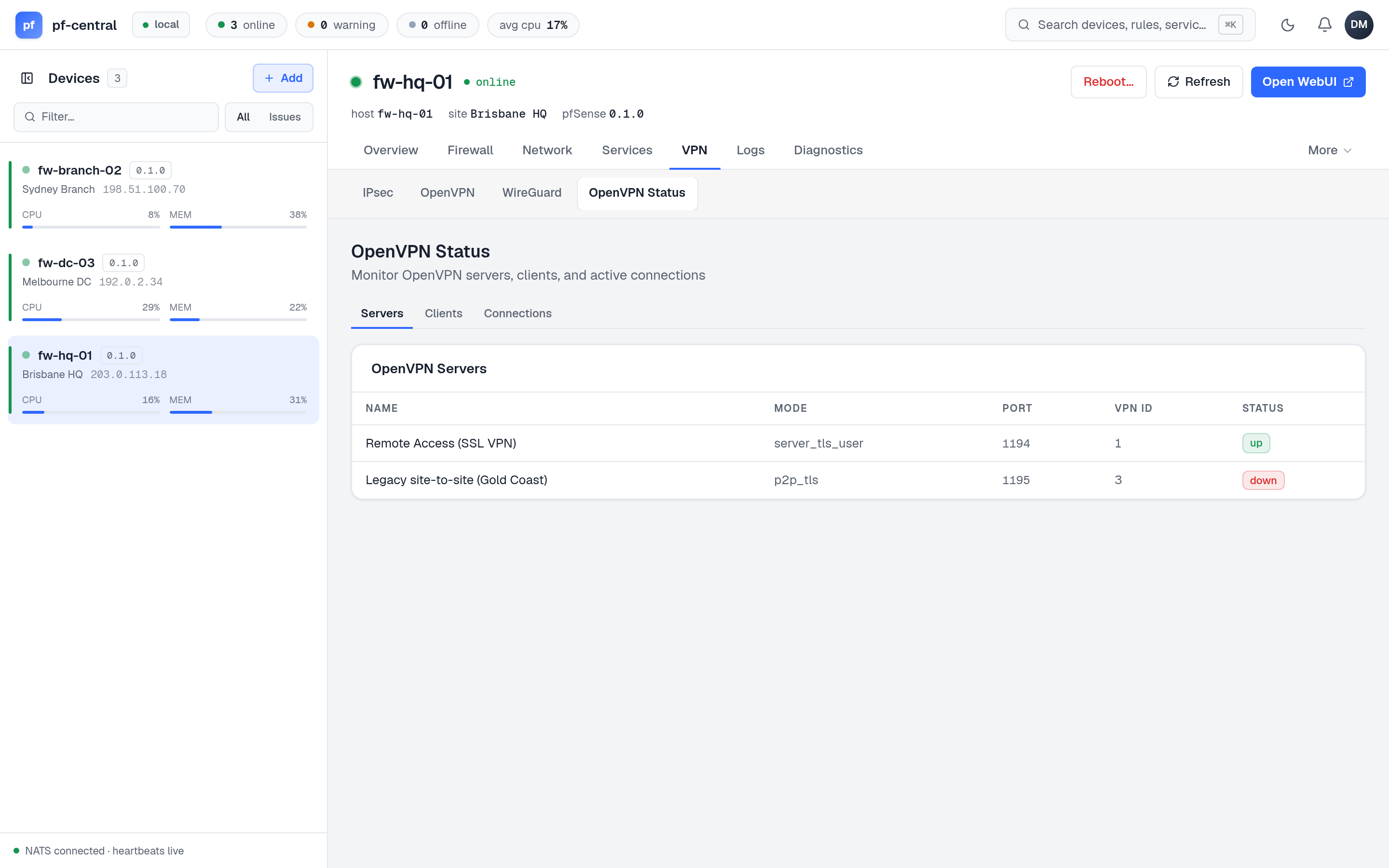 OpenVPN status with servers, clients and connected users