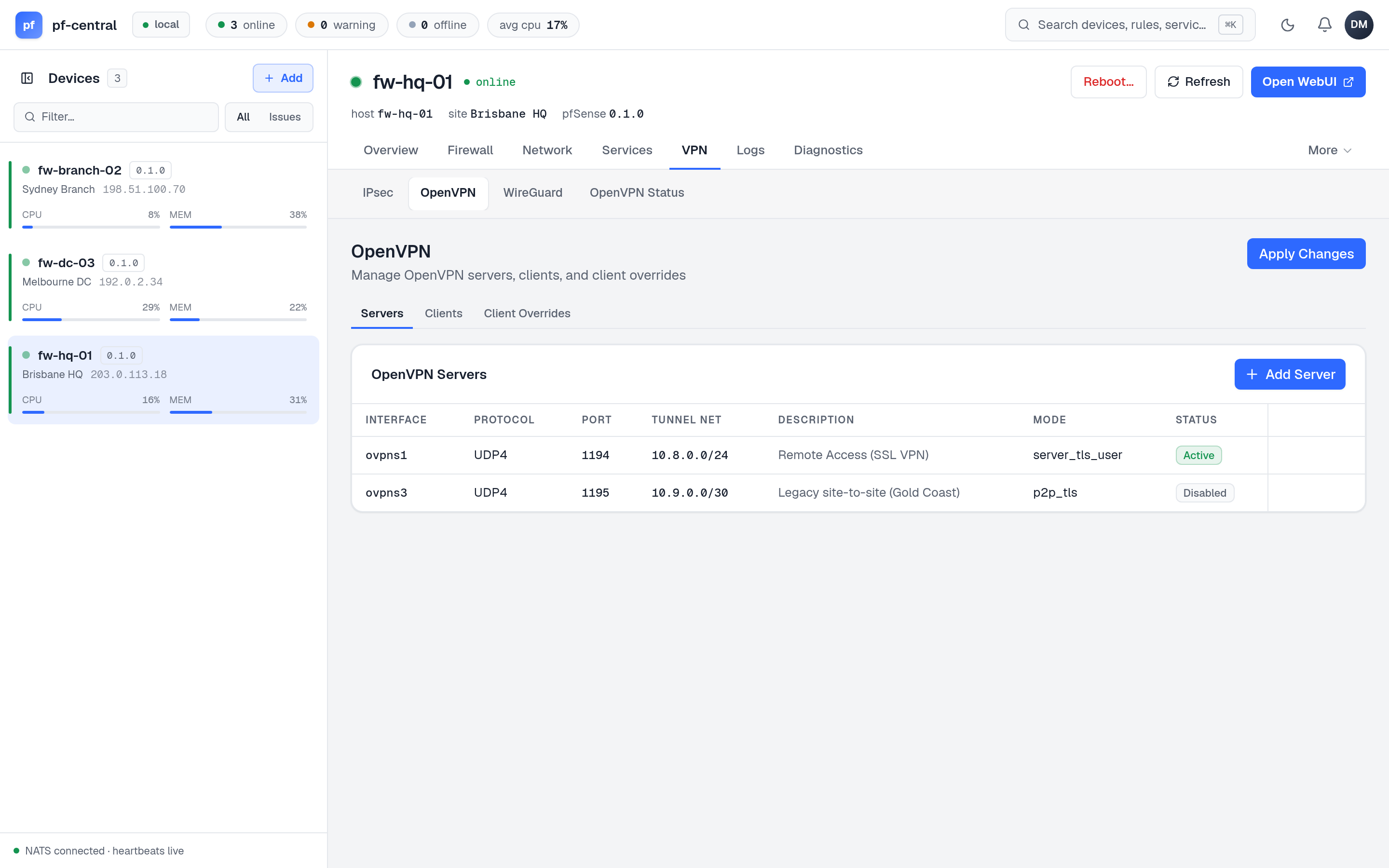 OpenVPN servers with mode, protocol, port and tunnel network