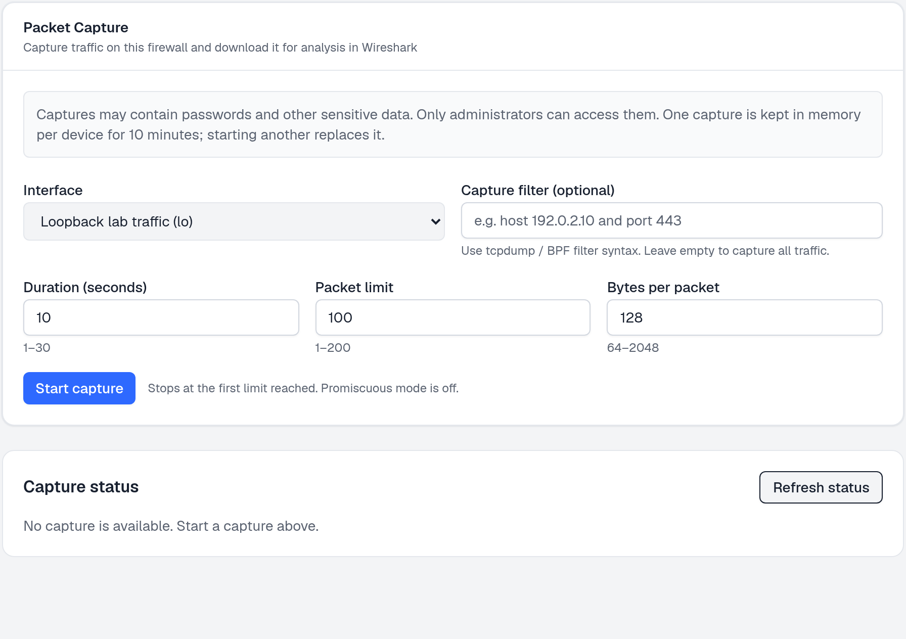 Packet Capture form with interface, optional filter, duration, packet limit and bytes per packet