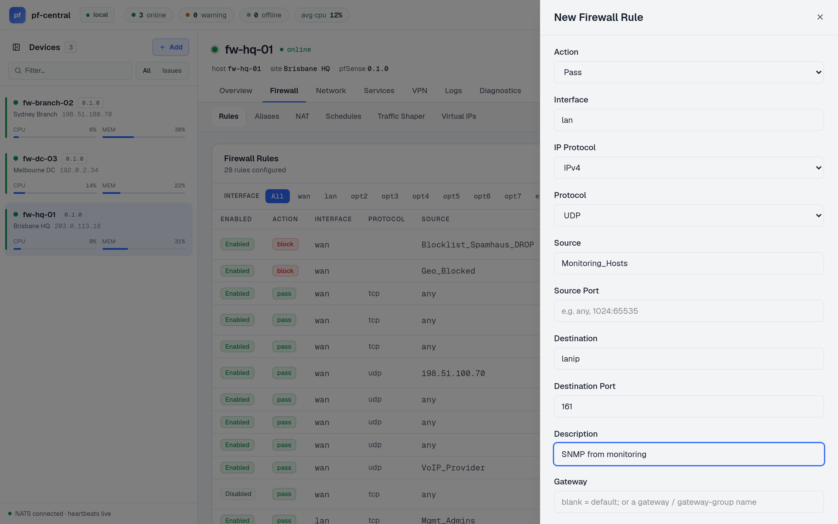 New Firewall Rule panel: pass, lan, IPv4, UDP, source Monitoring_Hosts, destination lanip port 161