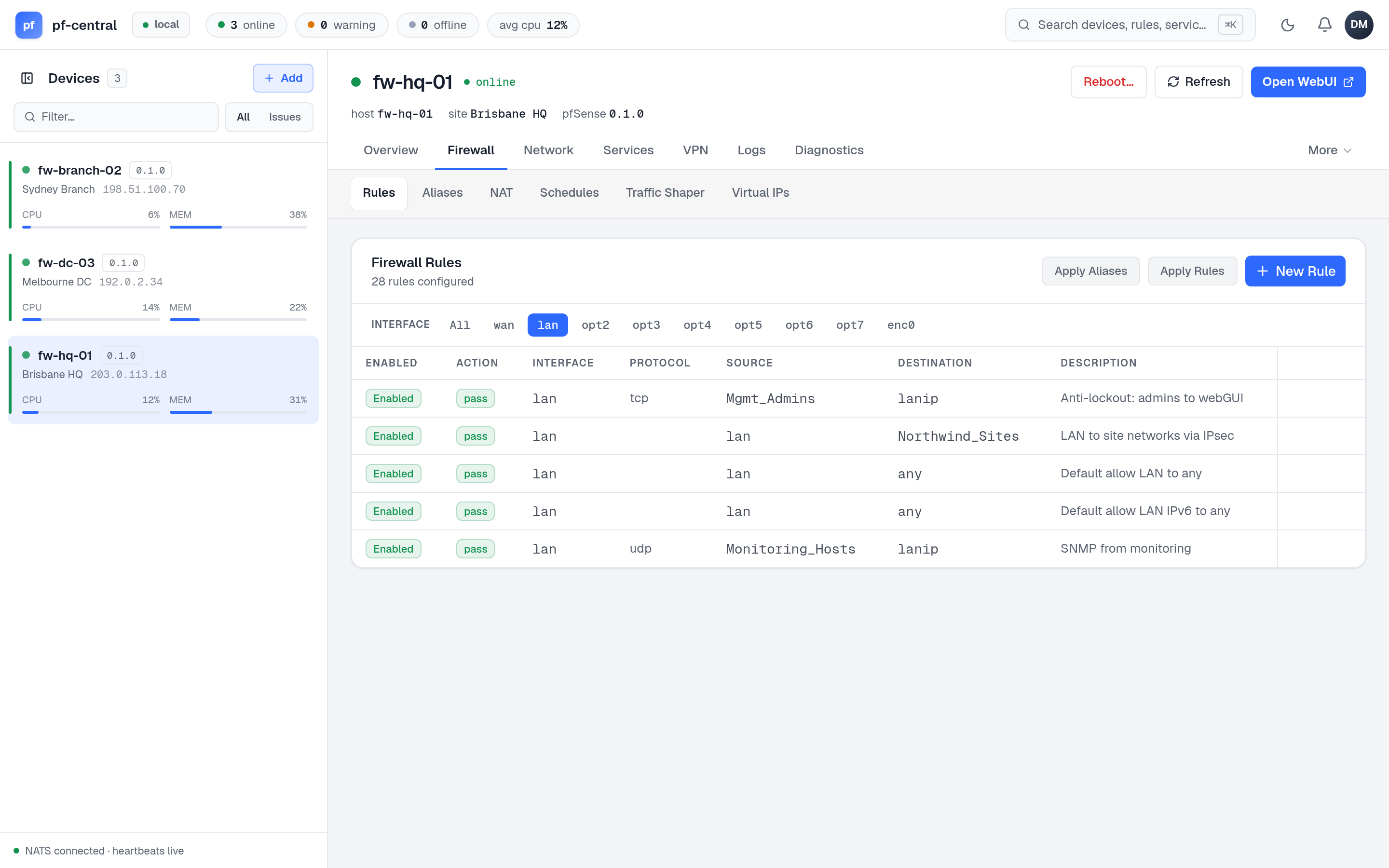 Rules list with the new SNMP rule and the Apply Rules button