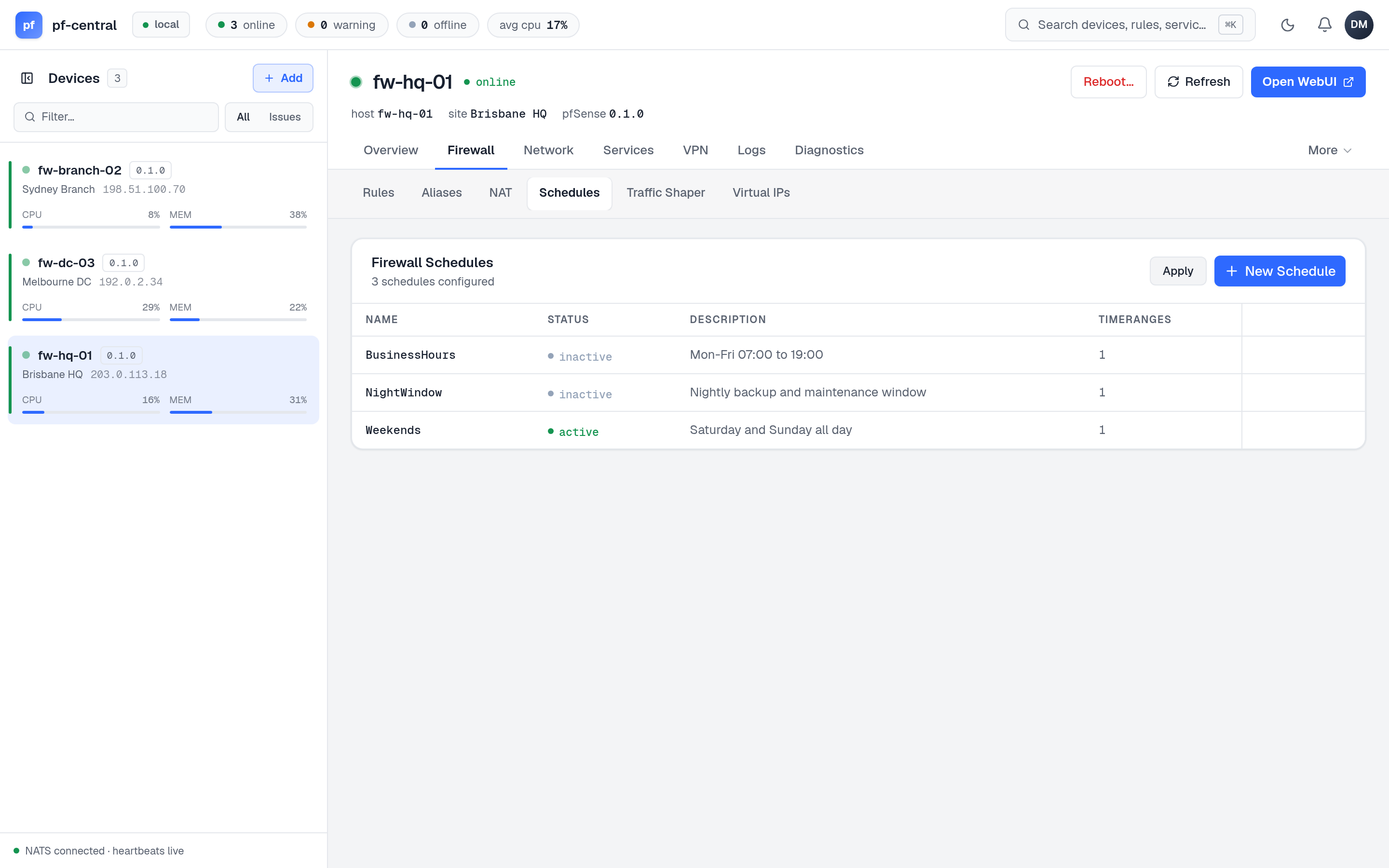 Schedules list showing which schedules are active now
