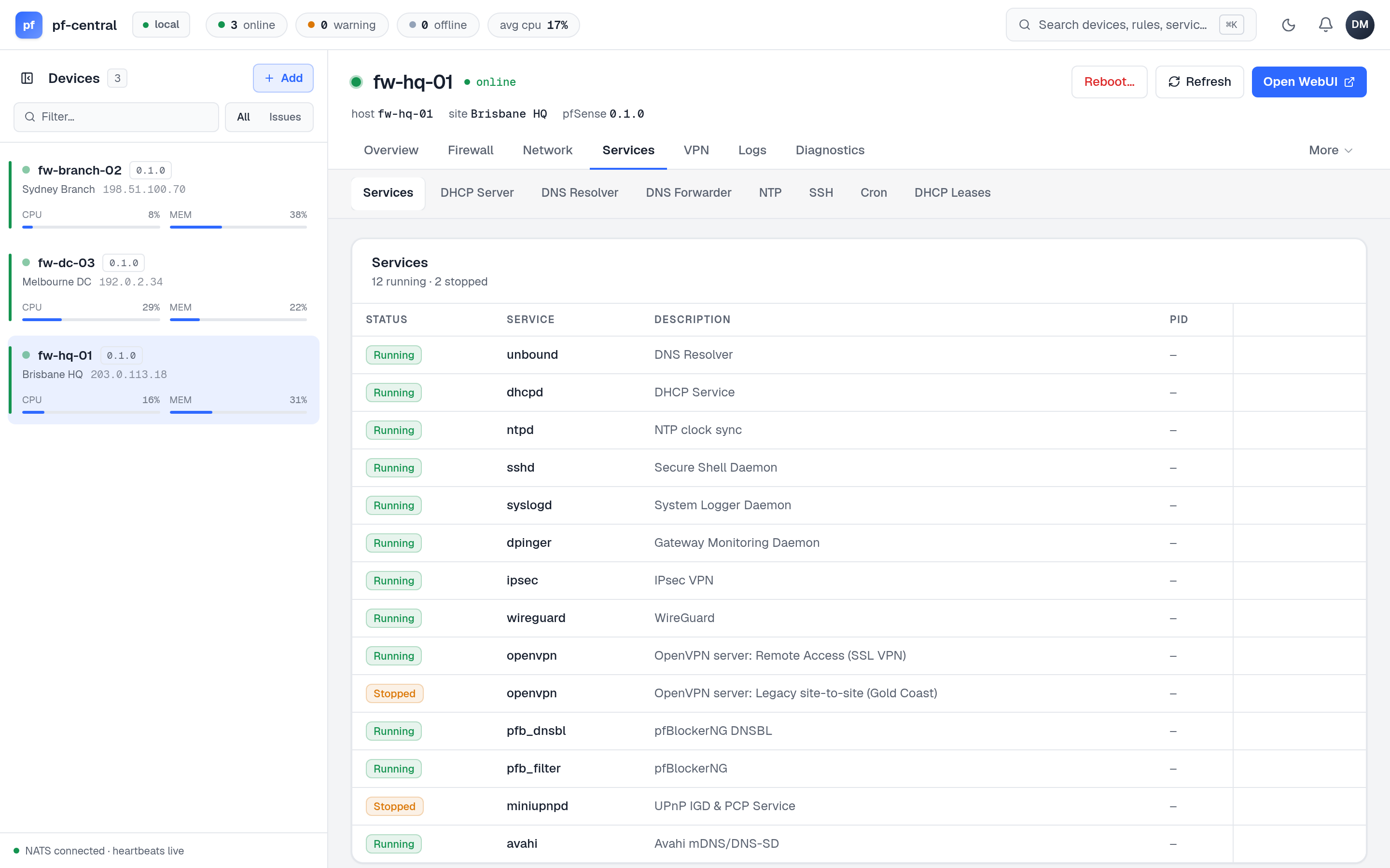Services list with running and stopped services and their actions