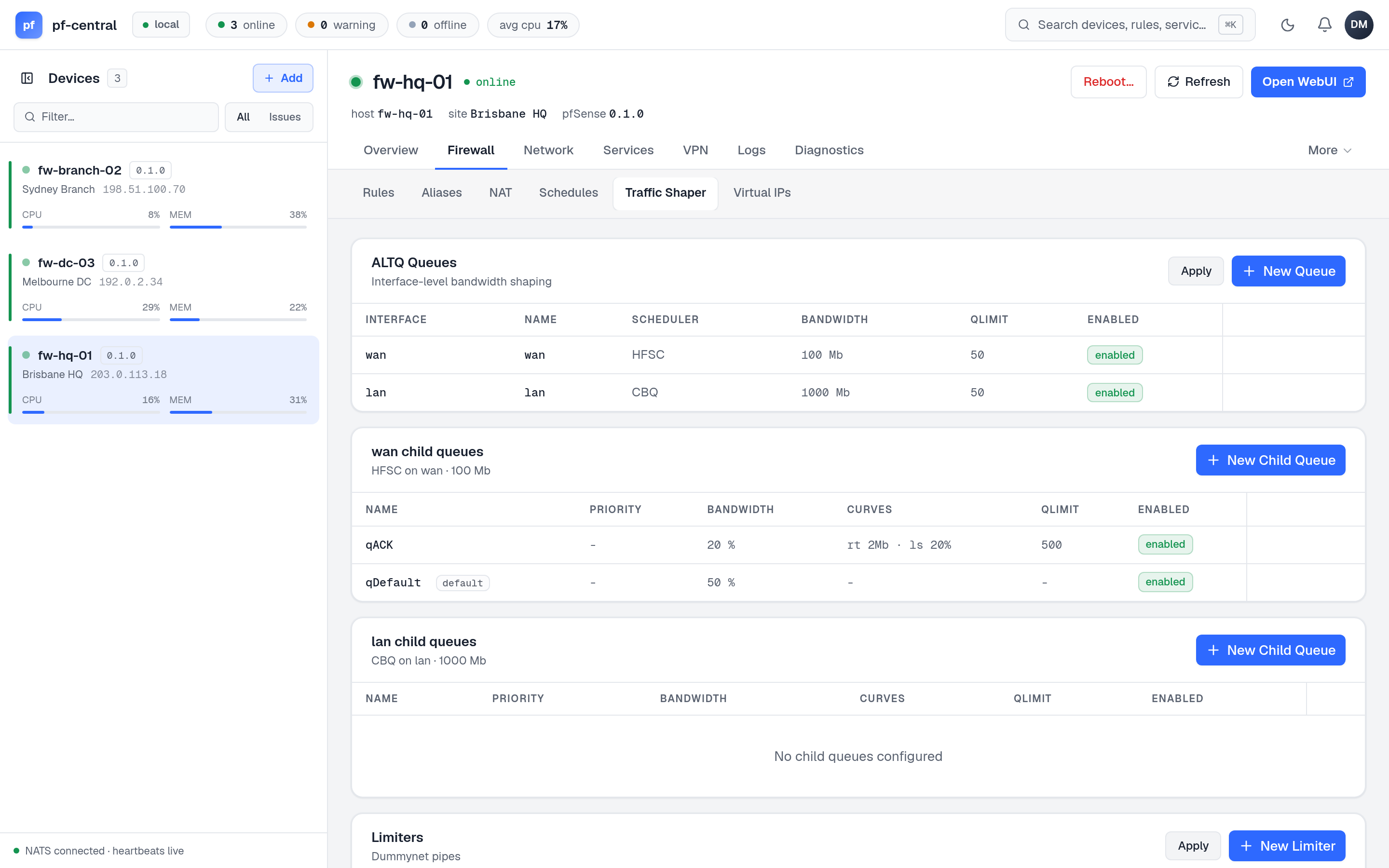 Traffic shaper with ALTQ queues and limiters sections