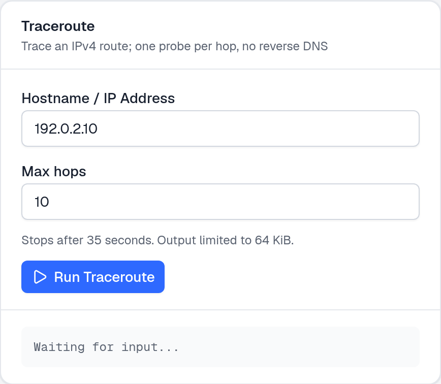 Traceroute form with destination and max hops ready to run