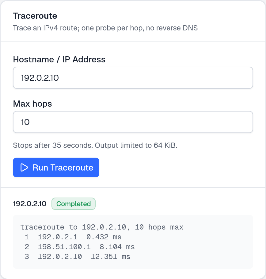 Traceroute output with one address and round-trip time per hop