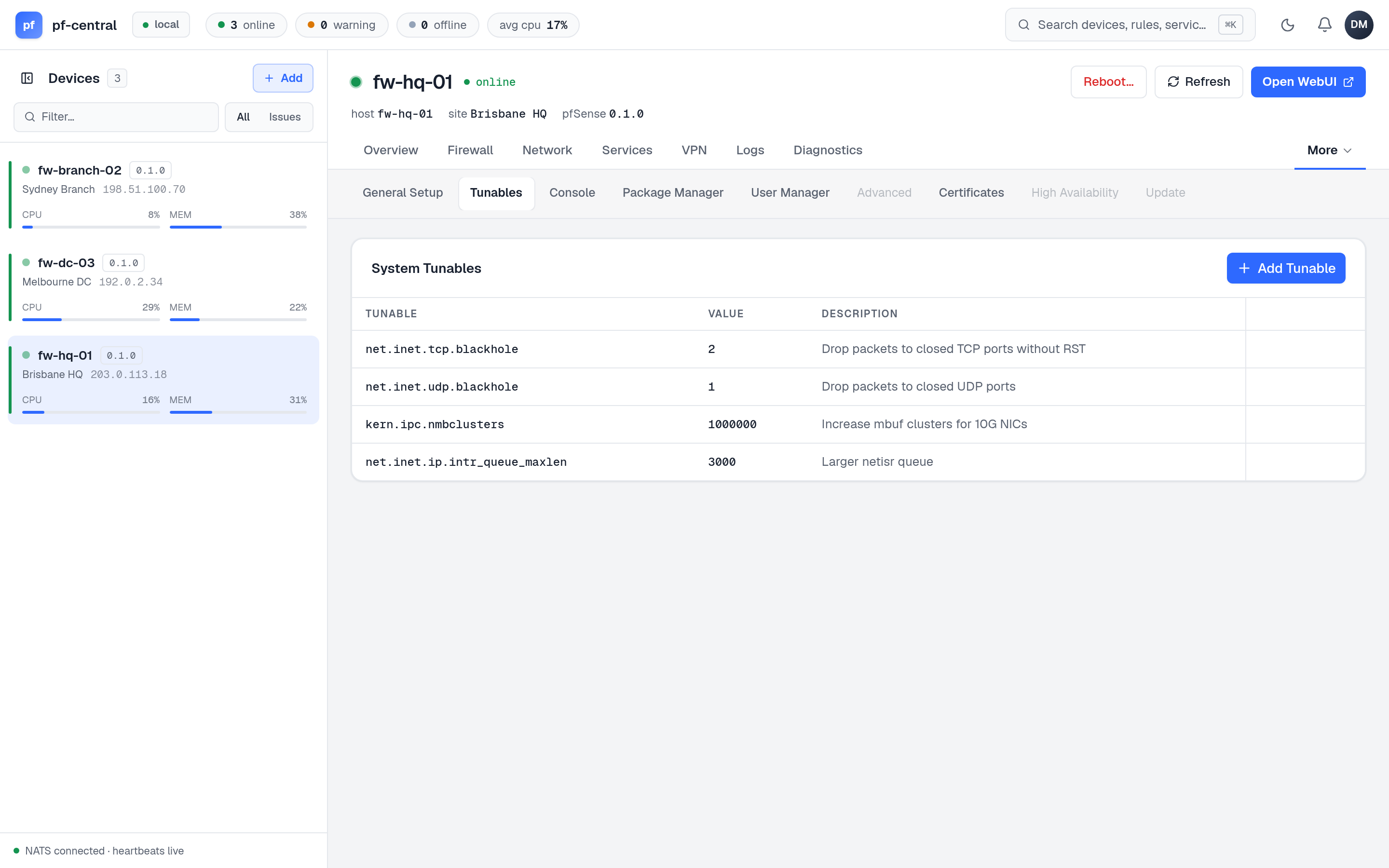 System tunables with name, value and description